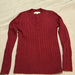 Loft women’s v-neck cable-knit sweater, size xs in cranberry